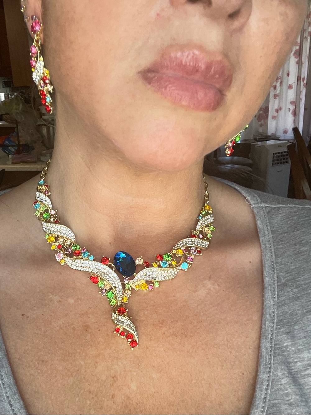Multicolor Crystal Rhinestone Statement Necklace Earring Set - Picture 2 of 7